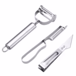 Accesorii de Curatat Decojit Fructe Legume, Flippy, Set 3 Piese, Feliator Cutit Decojitor, Legume si Fructe, din Otel Inoxidabil, cu Maner, Argintiu