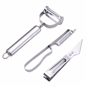Accesorii de Curatat Decojit Fructe Legume, Flippy, Set 3 Piese, Feliator Cutit Decojitor, Legume si Fructe, din Otel Inoxidabil, cu Maner, Argintiu