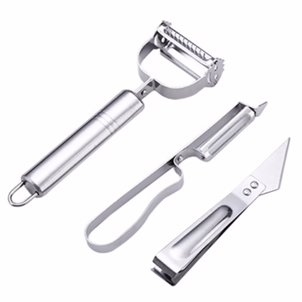Accesorii de Curatat Decojit Fructe Legume, Flippy, Set 3 Piese, Feliator Cutit Decojitor, Legume si Fructe, din Otel Inoxidabil, cu Maner, Argintiu - imagine 1