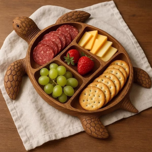 Platou pentru Servire, Flippy, in Forma de Broasca Testoasa, 3 Compartimente pentru Mezeluri, Branzeturi, Snacksuri, Fructe, Design Artistic, din Lemn Masiv, 24 x 24 x 3 cm, Maro - imagine 2