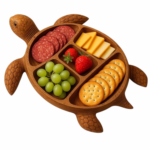 Platou pentru Servire, Flippy, in Forma de Broasca Testoasa, 3 Compartimente pentru Mezeluri, Branzeturi, Snacksuri, Fructe, Design Artistic, din Lemn Masiv, 24 x 24 x 3 cm, Maro - imagine 1