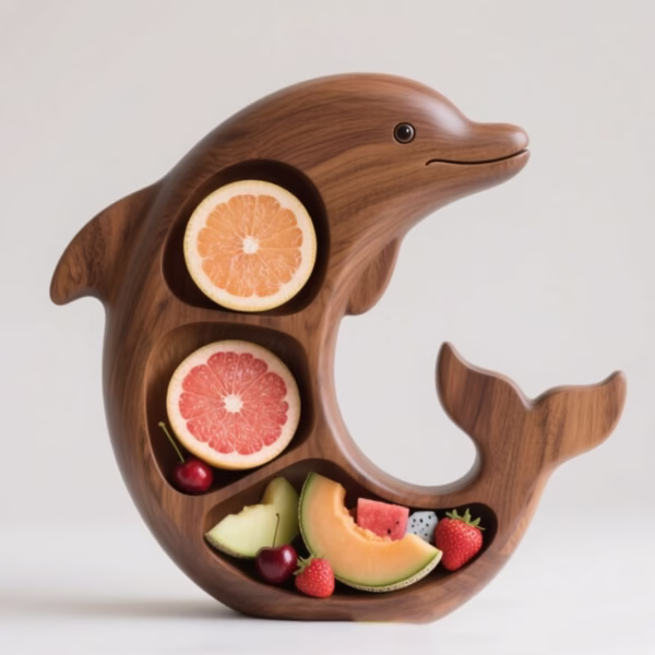 Platou pentru Servire, Flippy, in Forma de Delfin, 3 Compartimente pentru Mezeluri, Branzeturi, Snacksuri, Fructe, Design Artistic, din Lemn Masiv, 26 x 25 x 4 cm, Maro Natur - imagine 2