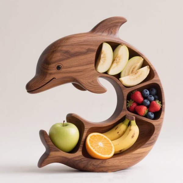 Platou pentru Servire, Flippy, in Forma de Delfin, 4 Compartimente pentru Mezeluri, Branzeturi, Snacksuri, Fructe, Design Artistic, din Lemn Masiv, 26 x 25 x 4 cm, Maro Natur - imagine 2