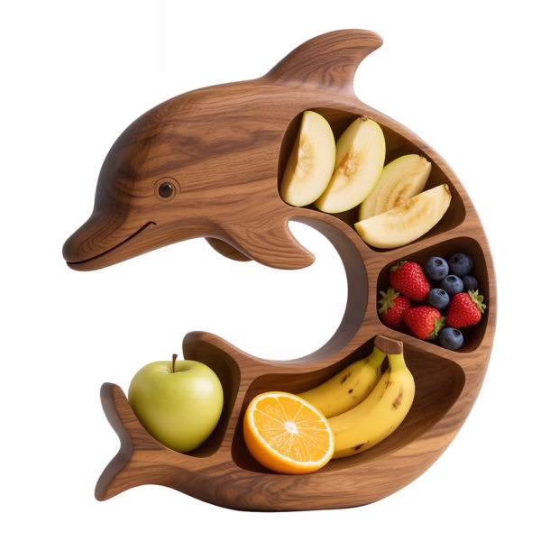 Platou pentru Servire, Flippy, in Forma de Delfin, 4 Compartimente pentru Mezeluri, Branzeturi, Snacksuri, Fructe, Design Artistic, din Lemn Masiv, 26 x 25 x 4 cm, Maro Natur - imagine 1