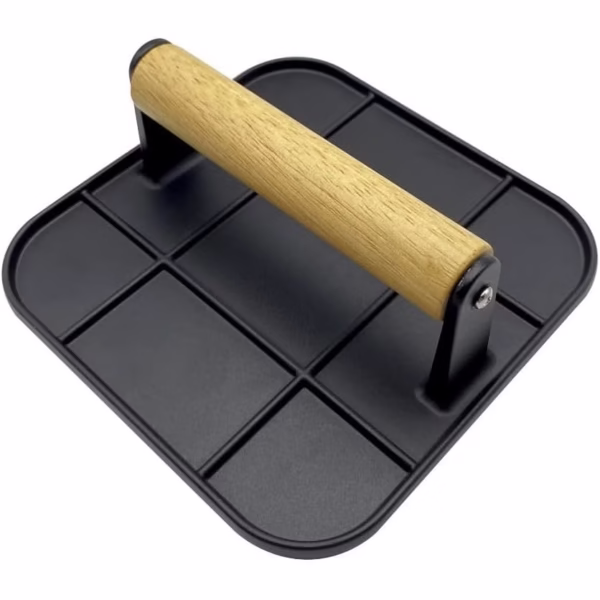 Presa Manuala pentru Carne, Flippy, din Aliaj de Aluminiu, Maner din Lemn, Presa pentru Burgeri, Usor de Curatat si Folosit, Patrata, 16x16x6 cm, Neagra - imagine 1