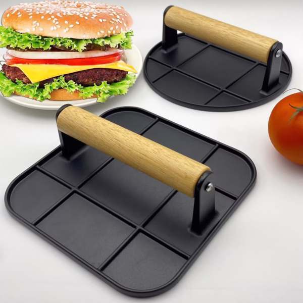 Presa Manuala pentru Carne, Flippy, din Aliaj de Aluminiu, Maner din Lemn, Presa pentru Burgeri, Usor de Curatat si Folosit, Patrata, 16x16x6 cm, Neagra - imagine 10