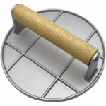Presa Manuala pentru Carne, Flippy, din Aliaj de Aluminiu, Maner din Lemn, Presa pentru Burgeri, Usor de Curatat si Folosit, Rotunda, 16x16x6 cm, Gri