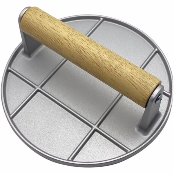 Presa Manuala pentru Carne, Flippy, din Aliaj de Aluminiu, Maner din Lemn, Presa pentru Burgeri, Usor de Curatat si Folosit, Rotunda, 16x16x6 cm, Gri - imagine 1