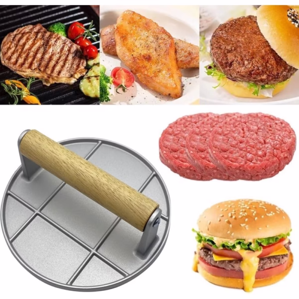 Presa Manuala pentru Carne, Flippy, din Aliaj de Aluminiu, Maner din Lemn, Presa pentru Burgeri, Usor de Curatat si Folosit, Rotunda, 16x16x6 cm, Gri - imagine 4
