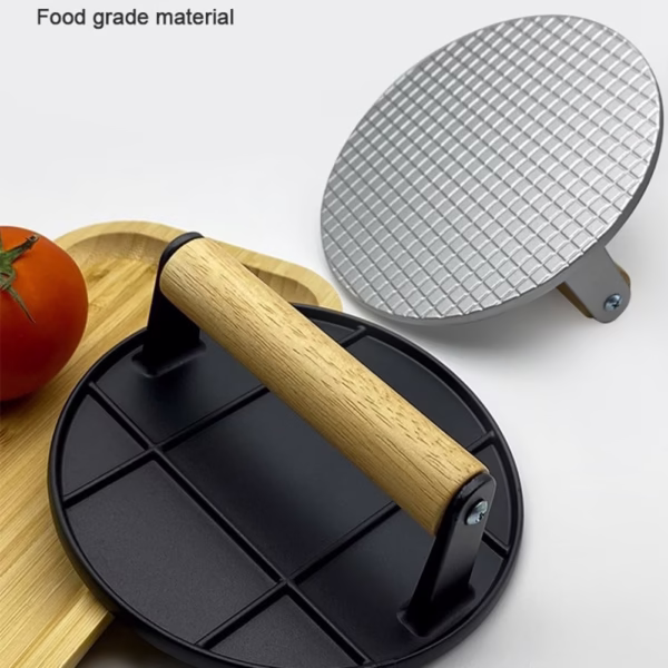 Presa Manuala pentru Carne, Flippy, din Aliaj de Aluminiu, Maner din Lemn, Presa pentru Burgeri, Usor de Curatat si Folosit, Rotunda, 16x16x6 cm, Gri - imagine 8