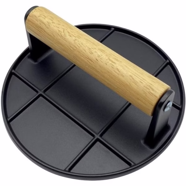 Presa Manuala pentru Carne, Flippy, din Aliaj de Aluminiu, Maner din Lemn, Presa pentru Burgeri, Usor de Curatat si Folosit, Rotunda, 16x16x6 cm, Neagra - imagine 1