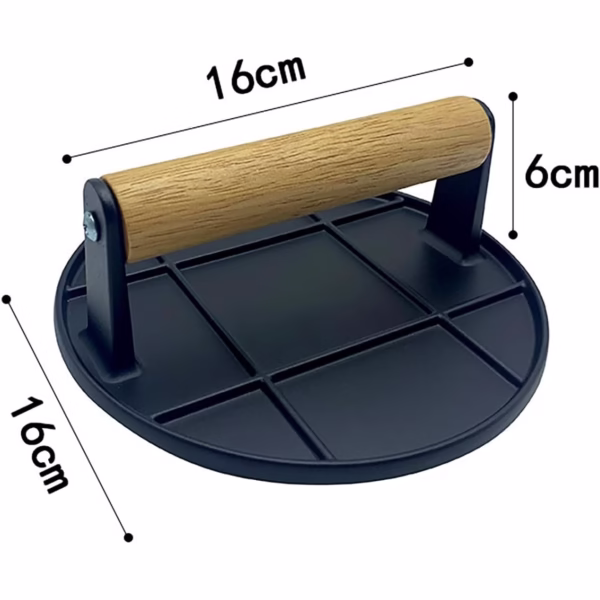 Presa Manuala pentru Carne, Flippy, din Aliaj de Aluminiu, Maner din Lemn, Presa pentru Burgeri, Usor de Curatat si Folosit, Rotunda, 16x16x6 cm, Neagra - imagine 7