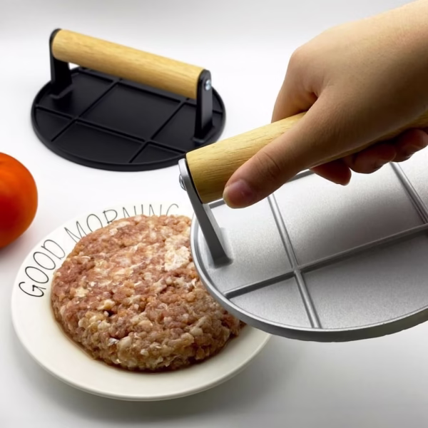 Presa Manuala pentru Carne, Flippy, din Aliaj de Aluminiu, Maner din Lemn, Presa pentru Burgeri, Usor de Curatat si Folosit, Rotunda, 16x16x6 cm, Neagra - imagine 9