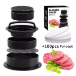 Presa dubla pentru hamburgeri 2 in 1, forma si presa, doua dimensiuni, cu maner, usor de curatat si folosit, material ABS, 100 de foi hartie de copt incluse, 13x13.5x7 cm, fara lipire, neagra - imagine 2
