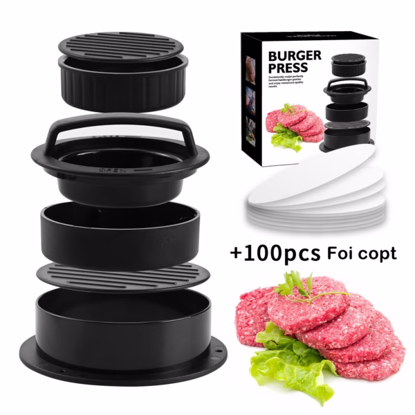 Presa dubla pentru hamburgeri 2 in 1, forma si presa, doua dimensiuni, cu maner, usor de curatat si folosit, material ABS, 100 de foi hartie de copt incluse, 13x13.5x7 cm, fara lipire, neagra - imagine 2