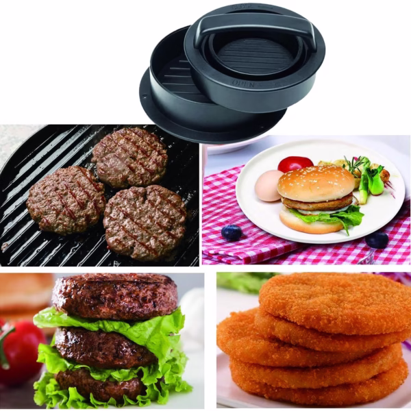 Presa dubla pentru hamburgeri 2 in 1, forma si presa, doua dimensiuni, cu maner, usor de curatat si folosit, material ABS, 100 de foi hartie de copt incluse, 13x13.5x7 cm, fara lipire, neagra - imagine 3