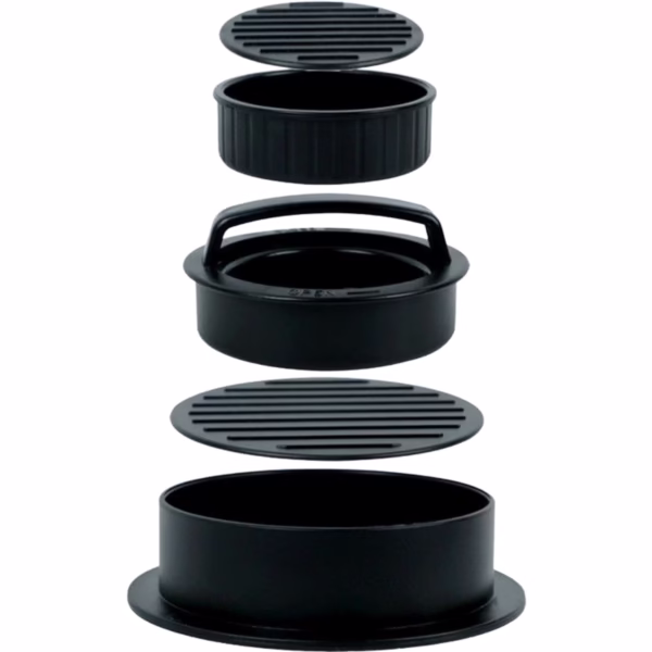 Presa dubla pentru hamburgeri 2 in 1, forma si presa, doua dimensiuni, cu maner, usor de curatat si folosit, material ABS, 100 de foi hartie de copt incluse, 13x13.5x7 cm, fara lipire, neagra - imagine 1