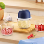 Tocator Electric pentru Bucatarie, Flippy, Model Presa Electrica pentru Legume Fructe Carne Umpluturi Sosuri, Otel Inoxidabil, 14 x 10.5 x 10.5 cm, 350 ml, Albastru Inchis - imagine 2