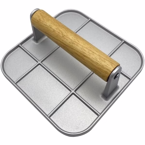 Presa Manuala pentru Carne, Flippy, din Aliaj de Aluminiu, Maner din Lemn, Presa pentru Burgeri, Usor de Curatat si Folosit, Patrata, 16x16x6 cm, Gri - imagine 1