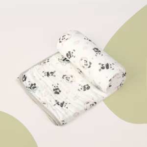 Prosop de baie din bumbac si tifon pentru Bebelusi, Flippy, cu Sase Straturi, pentru Copii, 110x110 cm, Model Panda, Bej Verde