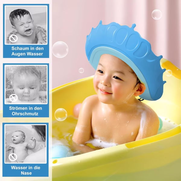 Viziera de Protectie Baie Pentru Copii, Fippy, Model Coronita, Dimensiune ajustabila, Durabil, Usor de curatat, Impotriva Samponului, pentru Ochi si Urechi, TPE+PP, 24x22 cm, Albastru - imagine 3
