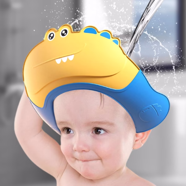 Casca de Dus, Flippy, Previne Scurgerea Apei si Samponului pe Fata, 0-12 Ani, Ajustabila, din TPE+PP, 20 x 23 cm, Model Crocodil, Galben/Albastru - imagine 3