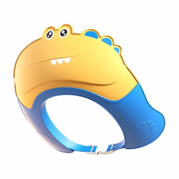 Casca de Dus, Flippy, Previne Scurgerea Apei si Samponului pe Fata, 0-12 Ani, Ajustabila, din TPE+PP, 20 x 23 cm, Model Crocodil, Galben/Albastru - imagine 1