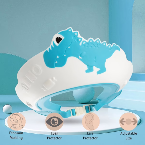 Viziera de Protectie Baie Pentru Copii, Fippy, Model Dinozaur, Dimensiune ajustabila, Durabil, Usor de curatat, Impotriva Samponului, pentru Ochi si Urechi, TPE+PP, 22x21 cm, Albastru - imagine 2