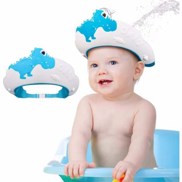 Viziera de Protectie Baie Pentru Copii, Fippy, Model Dinozaur, Dimensiune ajustabila, Durabil, Usor de curatat, Impotriva Samponului, pentru Ochi si Urechi, TPE+PP, 22x21 cm, Albastru - imagine 4