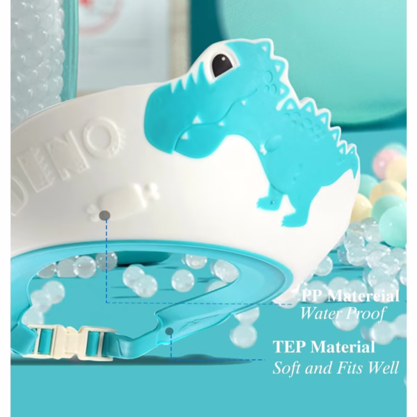 Viziera de Protectie Baie Pentru Copii, Fippy, Model Dinozaur, Dimensiune ajustabila, Durabil, Usor de curatat, Impotriva Samponului, pentru Ochi si Urechi, TPE+PP, 22x21 cm, Albastru - imagine 12
