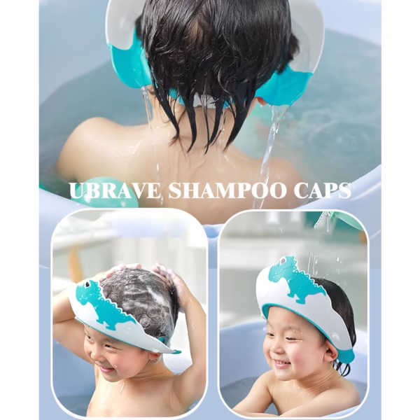 Viziera de Protectie Baie Pentru Copii, Fippy, Model Dinozaur, Dimensiune ajustabila, Durabil, Usor de curatat, Impotriva Samponului, pentru Ochi si Urechi, TPE+PP, 22x21 cm, Albastru - imagine 13