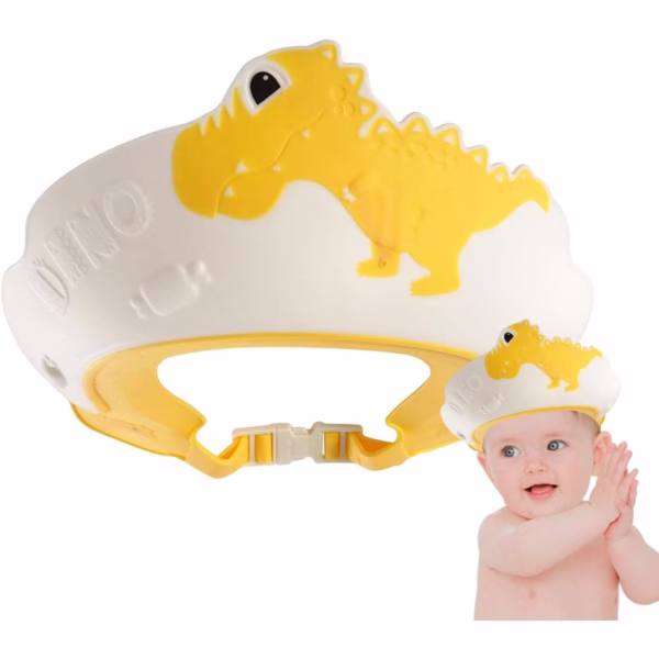 Viziera de Protectie Baie Pentru Copii, Fippy, Model Dinozaur, Dimensiune ajustabila, Durabil, Usor de curatat, Impotriva Samponului, pentru Ochi si Urechi, TPE+PP, 22x21 cm, Galben - imagine 4