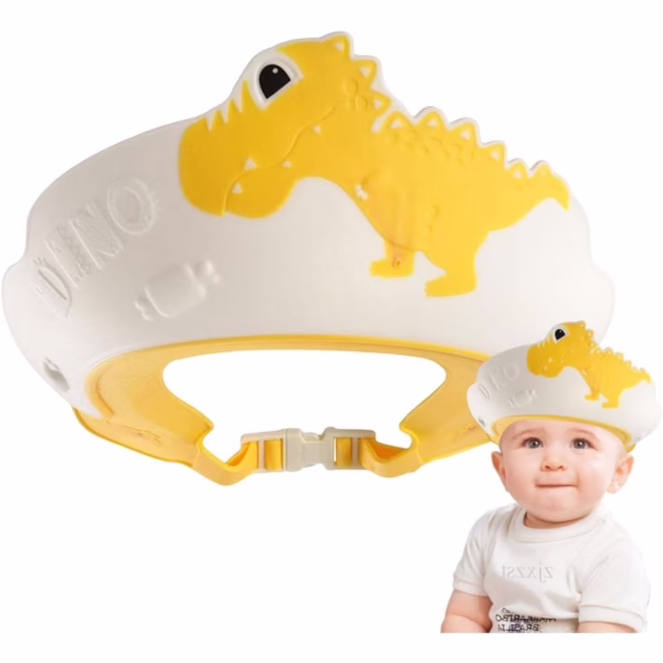 Viziera de Protectie Baie Pentru Copii, Fippy, Model Dinozaur, Dimensiune ajustabila, Durabil, Usor de curatat, Impotriva Samponului, pentru Ochi si Urechi, TPE+PP, 22x21 cm, Galben - imagine 5