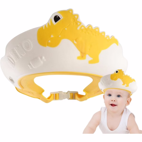 Viziera de Protectie Baie Pentru Copii, Fippy, Model Dinozaur, Dimensiune ajustabila, Durabil, Usor de curatat, Impotriva Samponului, pentru Ochi si Urechi, TPE+PP, 22x21 cm, Galben - imagine 6
