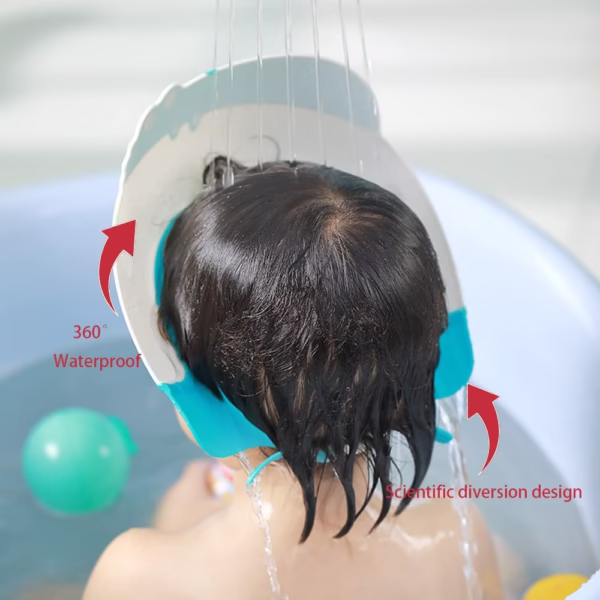 Viziera de Protectie Baie Pentru Copii, Fippy, Model Hipopotam, Dimensiune ajustabila, Durabil, Usor de curatat, Impotriva Samponului, pentru Ochi si Urechi, TPE+PP, 22x21 cm, Albastru - imagine 3