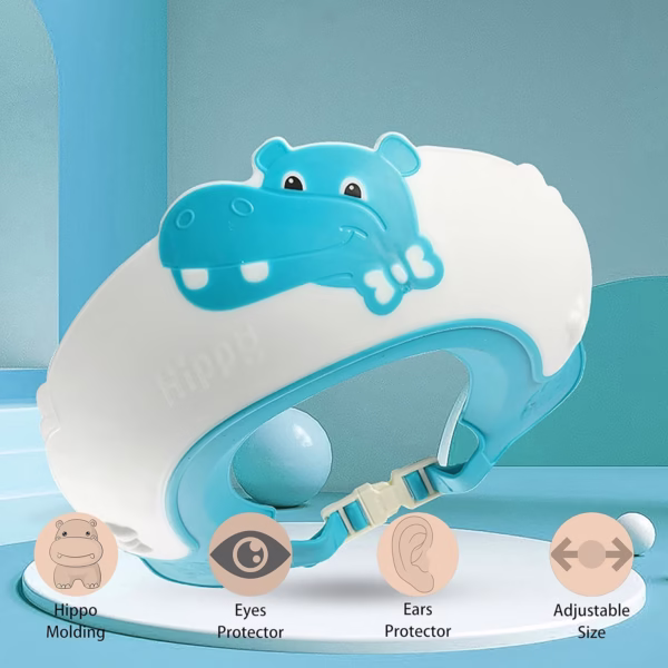 Viziera de Protectie Baie Pentru Copii, Fippy, Model Hipopotam, Dimensiune ajustabila, Durabil, Usor de curatat, Impotriva Samponului, pentru Ochi si Urechi, TPE+PP, 22x21 cm, Albastru - imagine 5