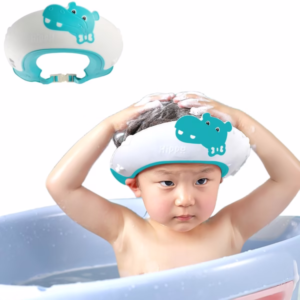 Viziera de Protectie Baie Pentru Copii, Fippy, Model Hipopotam, Dimensiune ajustabila, Durabil, Usor de curatat, Impotriva Samponului, pentru Ochi si Urechi, TPE+PP, 22x21 cm, Albastru - imagine 6