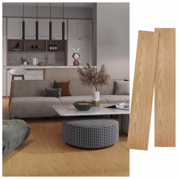 Set 36 Placi Autoadezive pentru Pardoseala, Flippy, din PVC, Impermeabil, Ignifug, Usor de Curatat, Dimensiune Placa 91.44 x 15.24 cm, Grosime 1.5 mm, Acoperire 5 m2, Model 12, Crem - imagine 3