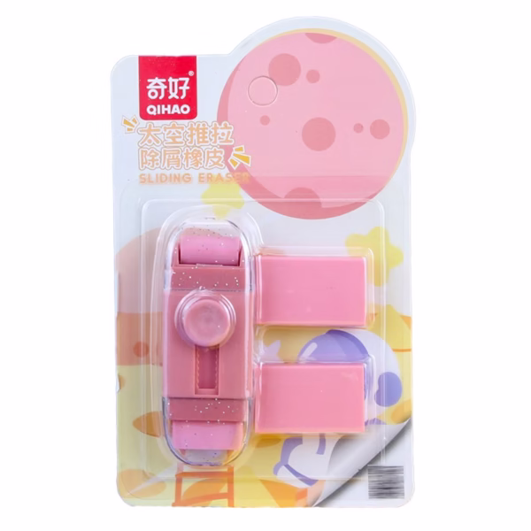 Radiera Retractabila, Flippy, Model Astronaut Push-Pull pentru elevii, Radiera de tip Push, Doua Radiere de Rezerva in set, Roz - imagine 1