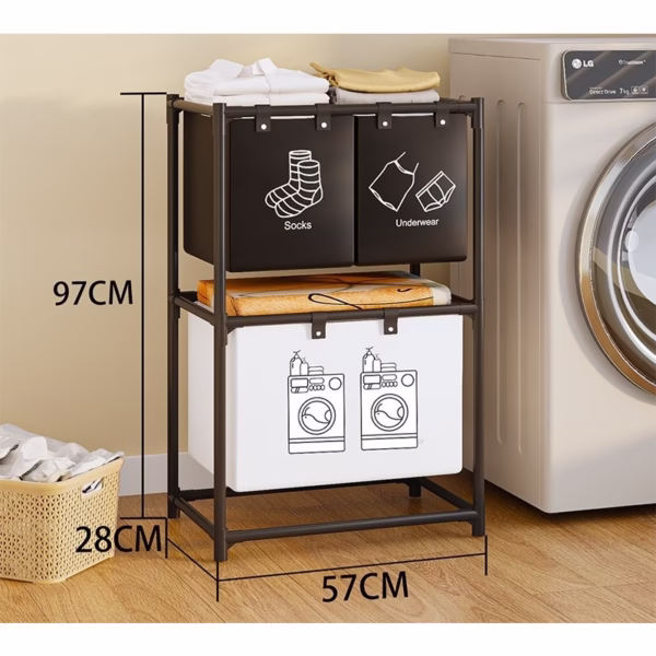 Cos de Rufe, Flippy, cu 2 Etaje, Flippy, 3 Cosuri, Cadru de Otel Inoxidabil, 97x28x57 cm, Negru - imagine 2