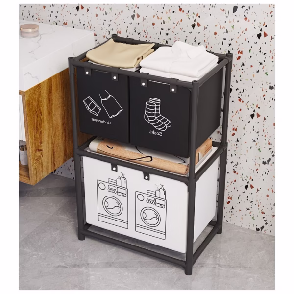 Cos de Rufe, Flippy, cu 2 Etaje, Flippy, 3 Cosuri, Cadru de Otel Inoxidabil, 97x28x57 cm, Negru - imagine 6