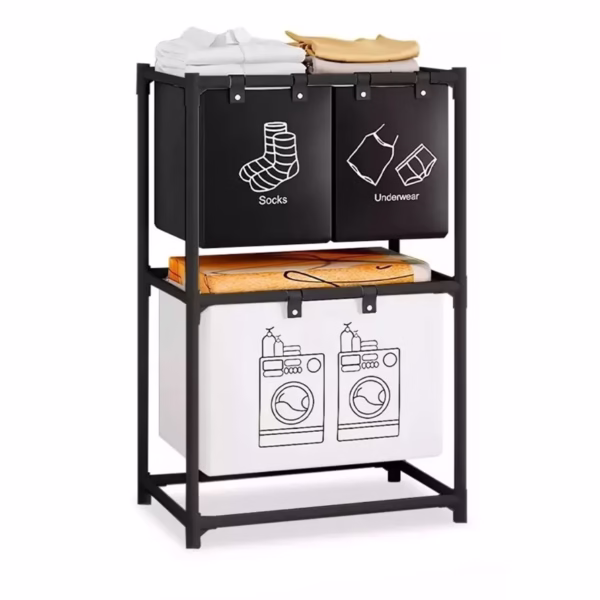 Cos de Rufe, Flippy, cu 2 Etaje, Flippy, 3 Cosuri, Cadru de Otel Inoxidabil, 97x28x57 cm, Negru - imagine 1