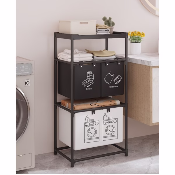 Cos de Rufe, Flippy, 3 Rafturi, 3 Cosuri, Cadru de Otel Inoxidabil, 123x28x57 cm, Negru - imagine 6