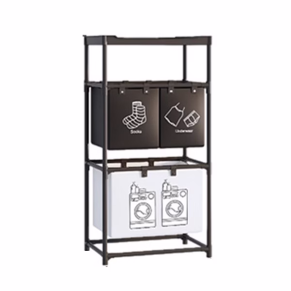 Cos de Rufe, Flippy, 3 Rafturi, 3 Cosuri, Cadru de Otel Inoxidabil, 123x28x57 cm, Negru - imagine 1