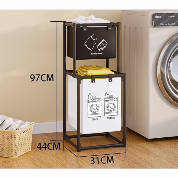 Cos de Rufe, Flippy, cu 2 Etaje, 2 Cosuri, Cadru de Otel Inoxidabil, 97x44x31 cm, Negru - imagine 2