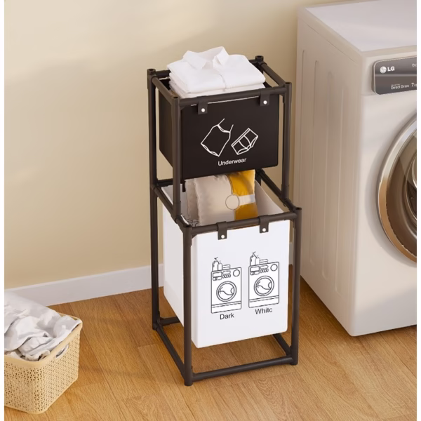 Cos de Rufe, Flippy, cu 2 Etaje, 2 Cosuri, Cadru de Otel Inoxidabil, 97x44x31 cm, Negru - imagine 6