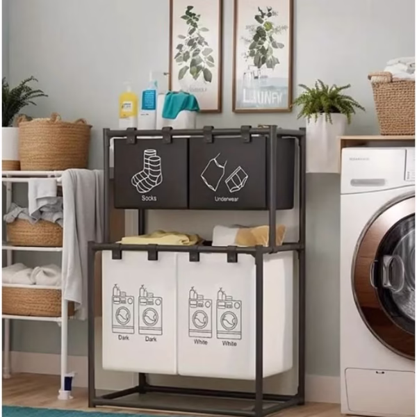 Cos de Rufe, Flippy, cu 2 Etaje, 4 Cosuri, Cadru de Otel Inoxidabil, 97x44x57 cm, Negru - imagine 3