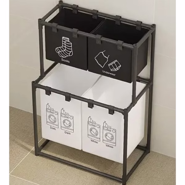 Cos de Rufe, Flippy, cu 2 Etaje, 4 Cosuri, Cadru de Otel Inoxidabil, 97x44x57 cm, Negru - imagine 4