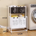 Cos de Rufe, Flippy, cu 2 Etaje, 4 Cosuri, Cadru de Otel Inoxidabil, 97x44x57 cm, Alb - imagine 7