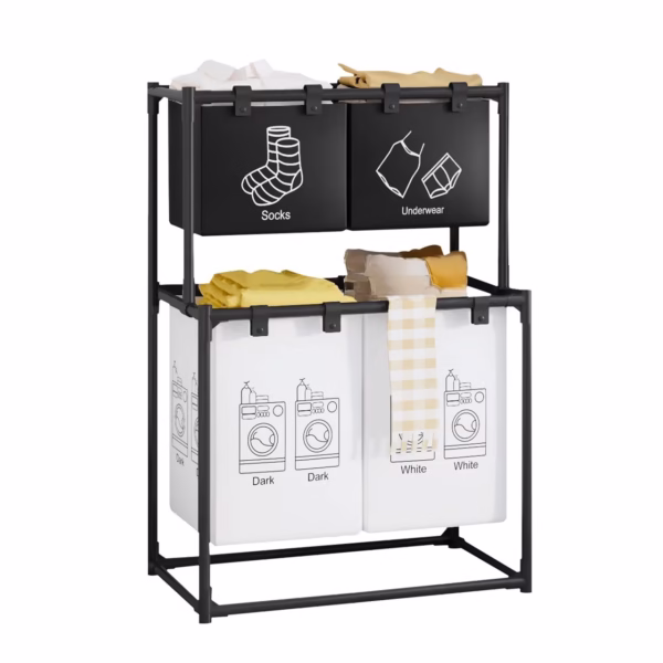 Cos de Rufe, Flippy, cu 2 Etaje, 4 Cosuri, Cadru de Otel Inoxidabil, 97x44x57 cm, Negru - imagine 1